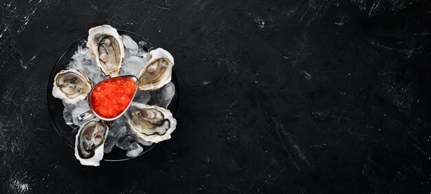 Huîtres et caviar rouge dans une assiette de glace et de citron Fruits de mer Vue de dessus Espace de copie gratuit