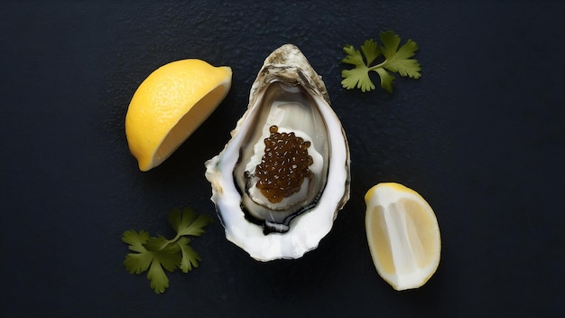 Photo des huîtres crues et fraîches avec du caviar et du citron.