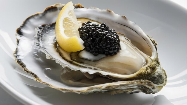 Des huîtres crues et fraîches avec du caviar et du citron.