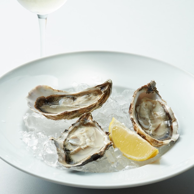 Huîtres crues servies sur la demi-coquille sur de la glace avec du citron dans la plaque blanche