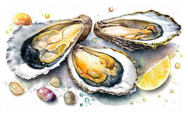 Huîtres dessinées sur fond blanc aquarelle illustrations de fruits de mer biologiques générées par ai