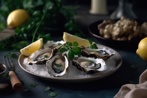 Huîtres fraîches sur une assiette avec de la glace et du citron Servir des huîtres dans un restaurant AI générative