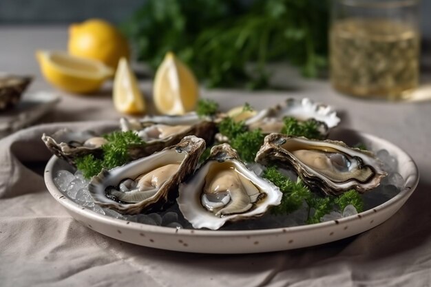 Huîtres fraîches sur une assiette avec de la glace et du citron Servir des huîtres dans un restaurant AI générative