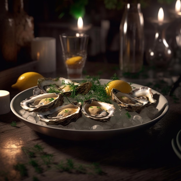 Huîtres fraîches sur une assiette avec de la glace et du citron Servir des huîtres dans un restaurant AI générative