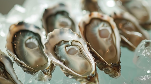 Des huîtres fraîches sur glace avec une formation de perles naturelles en gros plan