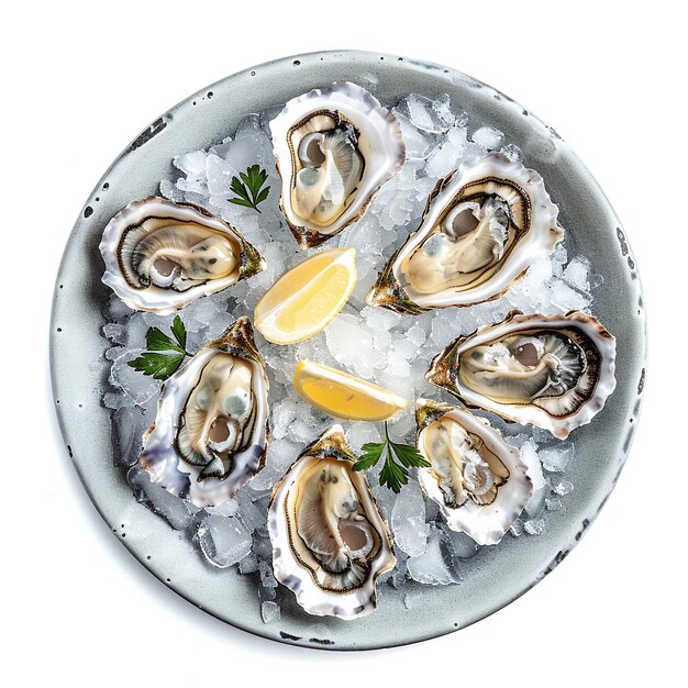 des huîtres fraîches sur un plateau de glace avec du citron vue de haut des fruits de mer luxueux isolés sur un fond blanc