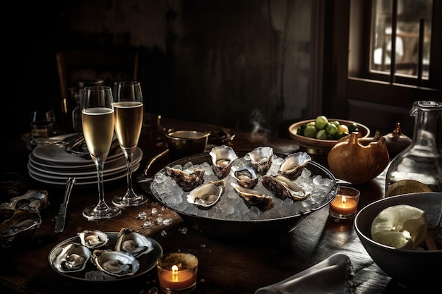 Huîtres fraîches et un verre de vin blanc dans un restaurant de fruits de mer Generative Ai