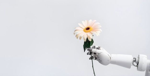 Humain comme un robot tenant une fleur de marguerite unique super réaliste avec espace de copie sur fond blanc ai