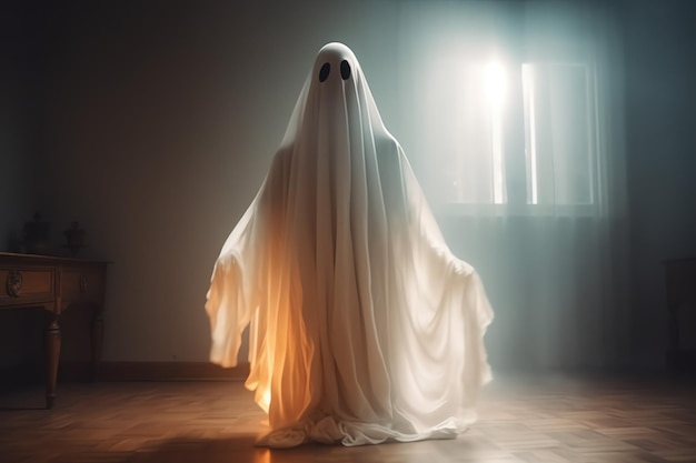 Humain en costume de fantômes effrayants volant à l'intérieur de la vieille maison ou de la forêt la nuit concept d'Halloween