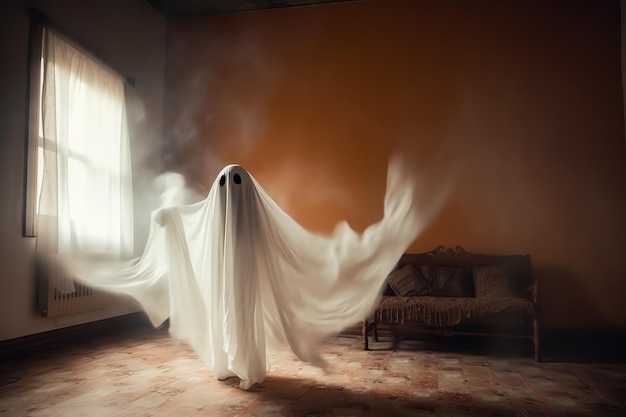 Humain en costume de fantômes effrayants volant à l'intérieur de la vieille maison ou de la forêt la nuit concept d'Halloween