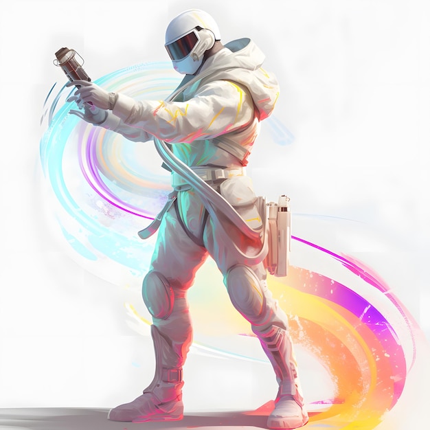un humain dans un costume conceptuel blanc entouré d'art coloré
