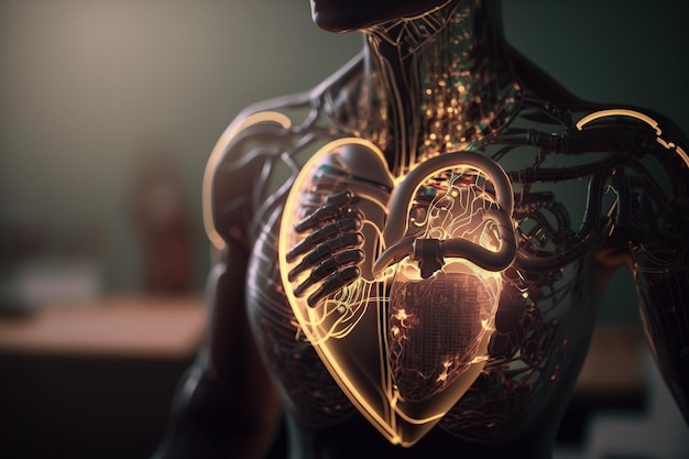 Humain avec une illustration de coeur transparent mécanique AI générative