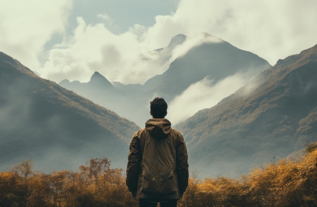 un humain regardant le ciel au-dessus de la montagne