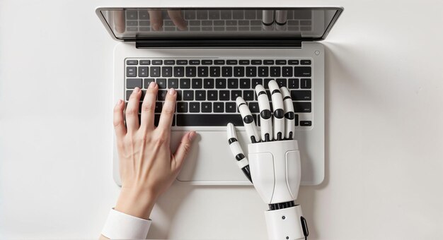 Un humain et un robot travaillant ensemble sur un ordinateur portable