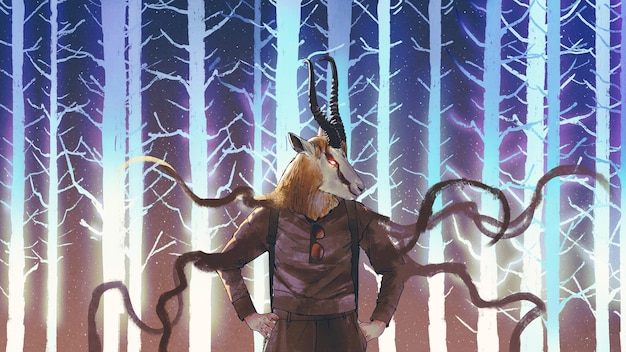 humain avec tête de springbok debout sur fond de forêt, style art numérique, peinture d'illustration