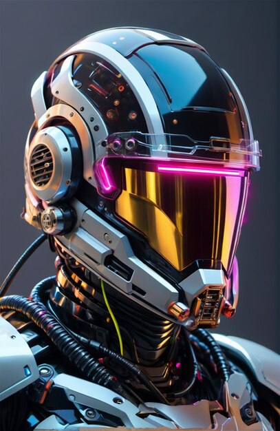 Un humanoïde futuriste portant une armure bionique avec un style cyberpunk lumineux au néon