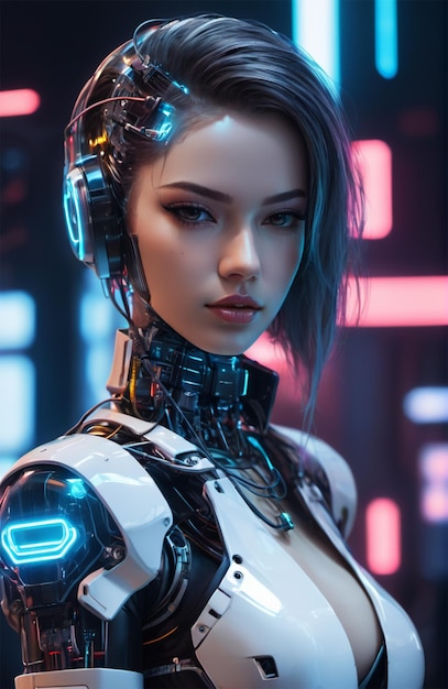 Un humanoïde futuriste portant une armure bionique avec un style cyberpunk lumineux au néon