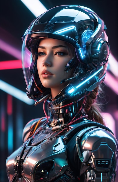 Un humanoïde futuriste portant une armure bionique avec un style cyberpunk lumineux au néon