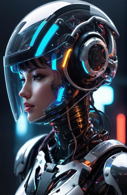 Un humanoïde futuriste portant une armure bionique avec un style cyberpunk lumineux au néon