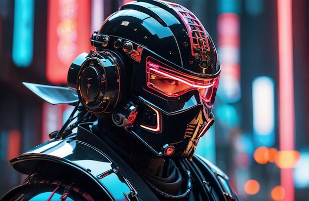 Un humanoïde futuriste portant une armure bionique avec un style cyberpunk lumineux au néon