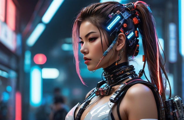 Un humanoïde futuriste portant une armure bionique avec un style cyberpunk lumineux au néon