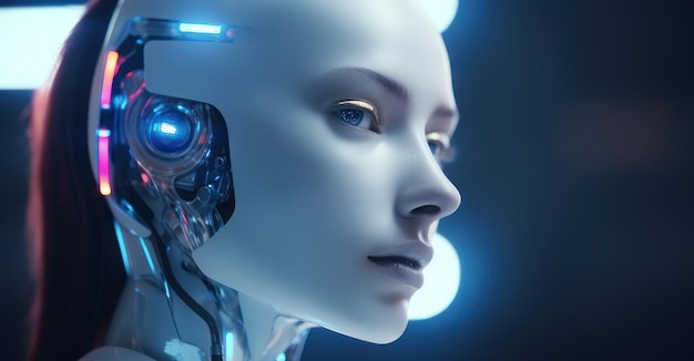 L'humanoïde moderne dans l'environnement SciFi du royaume numérique reflété dans les yeux de robot