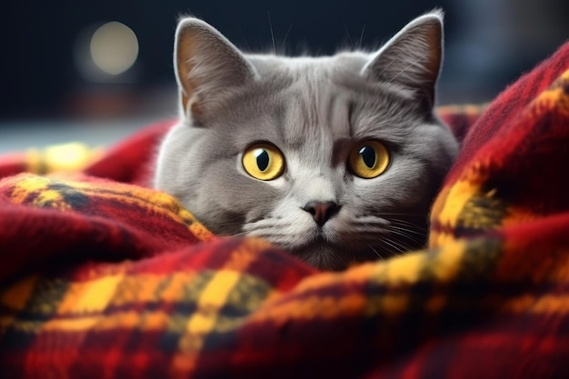 L'humeur chaleureuse de Noël Le chat gris se détend sur une couverture de tricot