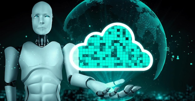 L'huminoïde robot IA utilise la technologie du cloud computing pour stocker des données sur un serveur en ligne