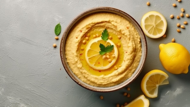 Hummus dans un bol jaune avec du citron