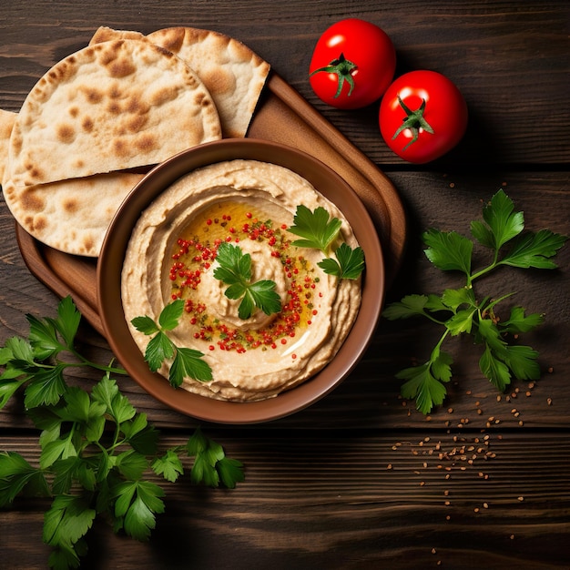 Hummus frais avec du pain pita, de la tomate et du persil sur une assiette rustique