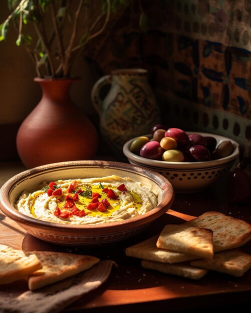 Hummus avec des olives et du pain