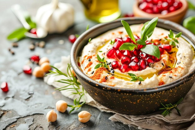 Hummus de pois chiches avec de l'huile d'olive et des graines de grenade générées par l'IA