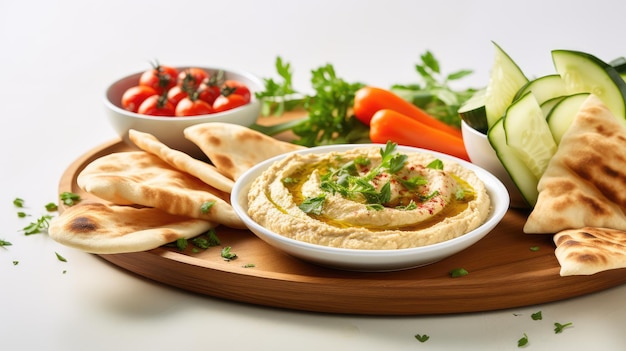 Photo hummus traditionnel servi avec du pain de pita frais surmonté de tomates et d'herbes