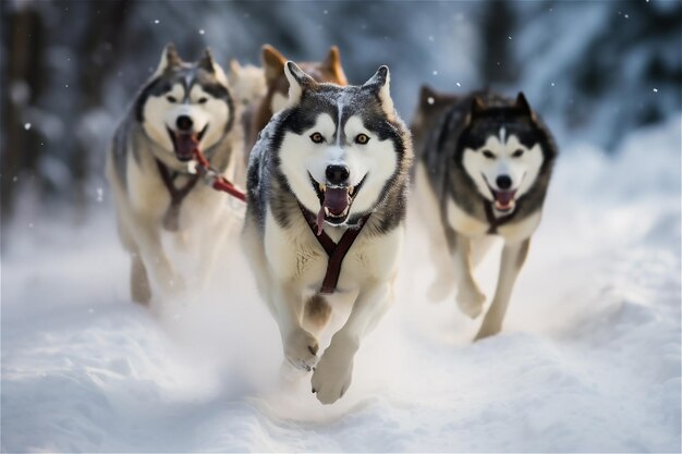 Des huskies sibériens courent dans la forêt enneigée.