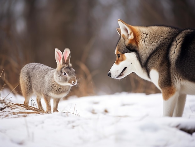 Husky chien de chasse lapin décembre vue latérale