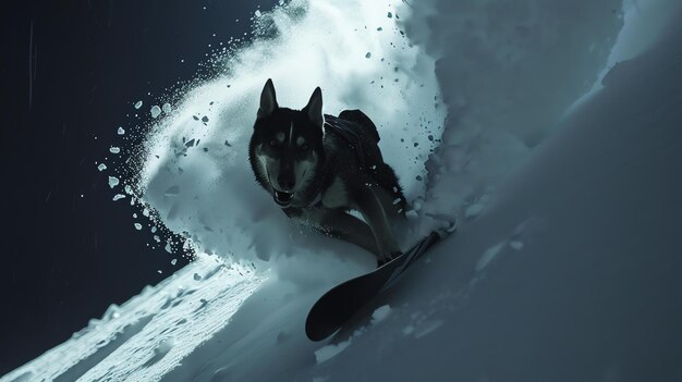 Photo un husky noir déterminé descend une pente escarpée entouré d'une tempête de neige