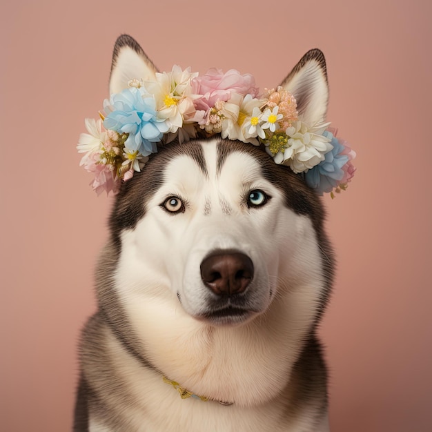 Husky portant une couronne de fleurs sur fond marron Portrait réaliste AI générative