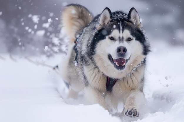 Husky sibérien excité qui court joyeusement à travers le paysage enneigé en hiver