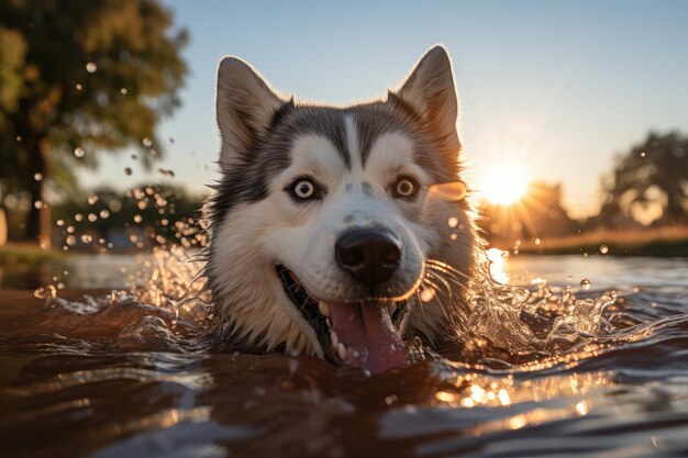 Un Husky sibérien ludique s'engage sur le parc près du lac ai généré