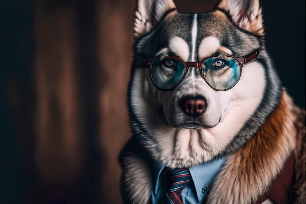 Husky en tailleur avec des lunettes Generative AI