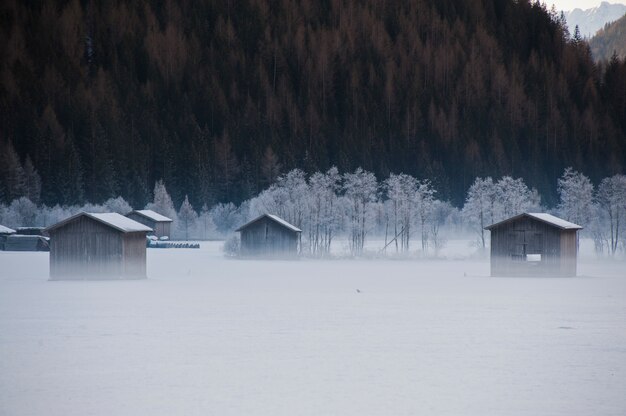 Huttes dans la brume