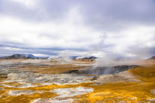 Hverir et Myvatn Site géothermique avec boue bouillonnante et fumerolles fumantes émettant du gaz sulfurique.