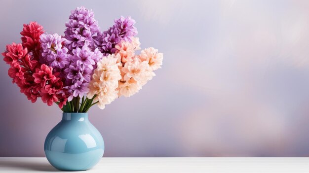 Des hyacinthes colorés en fleurs dans un vase debout sur le fond vide d'un côté dans un charme vintage
