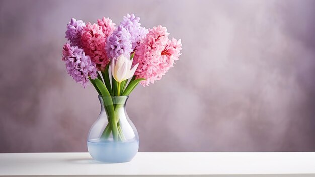 Des hyacinthes colorés en fleurs dans un vase debout sur le fond vide d'un côté dans un charme vintage