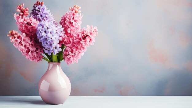 Des hyacinthes colorés en fleurs dans un vase debout sur le fond vide d'un côté dans un charme vintage