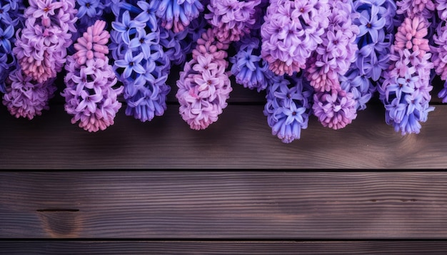 Des hyacinths violets et bleus sur un fond en bois