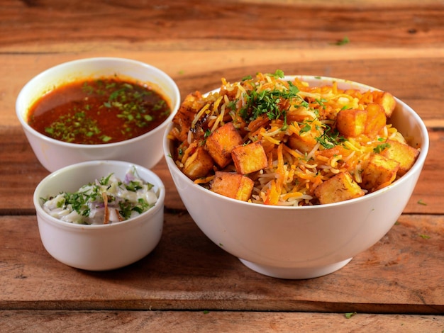 Hyderabadi Veg Paneer Dum Biryani avec des légumes mélangés comme Paneer Pommes de terre Carottes Pois cuits avec du riz épicé et servis avec de la raïta à l'oignon et du curry selective focus