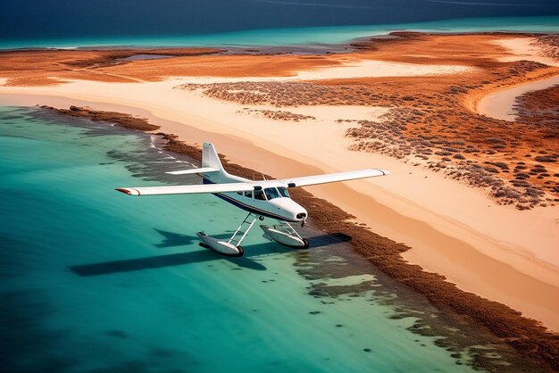 Photo un hydravion décollant sur une plage d'océan bleu avec de l'eau bleue