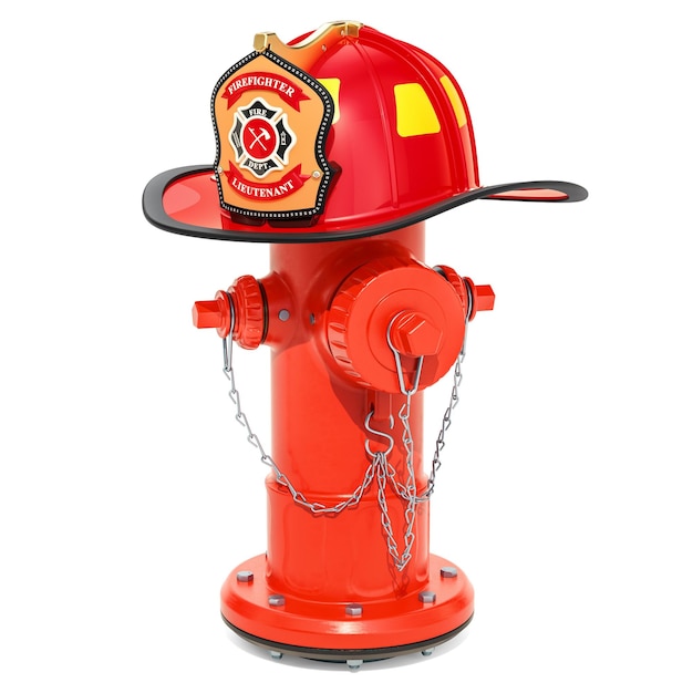 Photo hydre d'incendie avec casque de pompier rendu en 3d