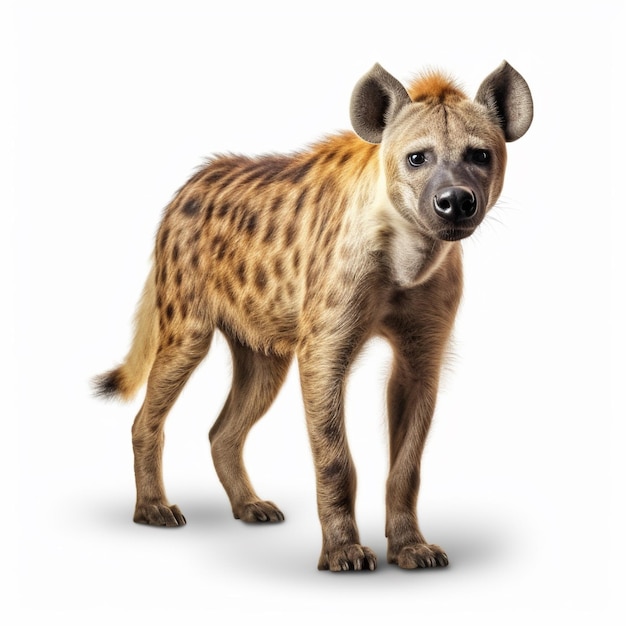une hyène se tient sur un fond blanc.